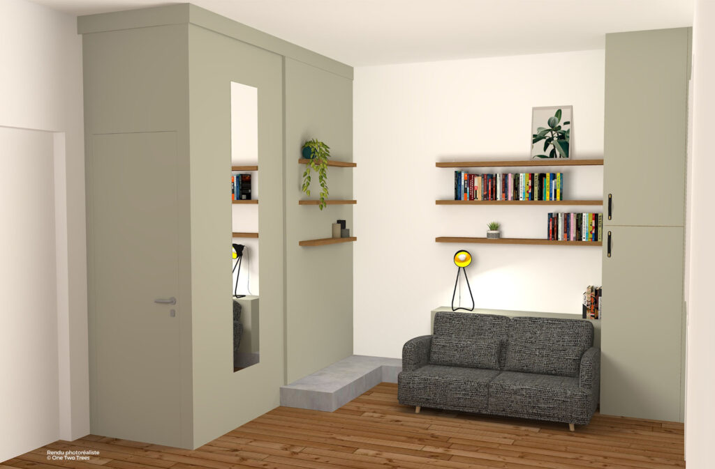 Rendu photoréaliste © One Two Trees - 1 Chambre d’amis intégrant une salle d’eau Lyon Beaujolais